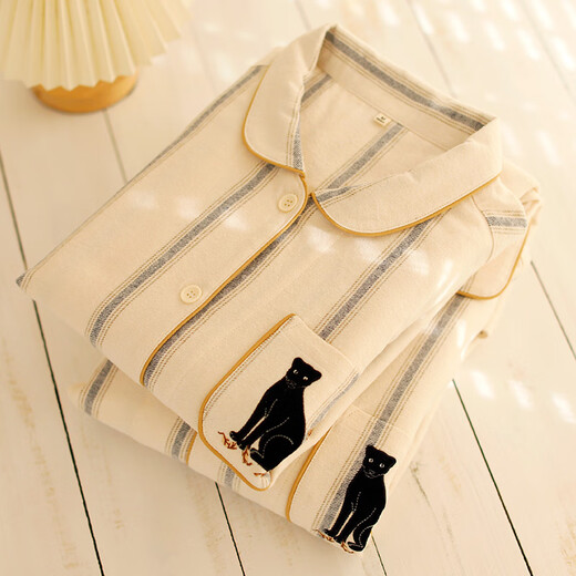 First look for Japanese simple striped high-end pure cotton flannel couple pajamas spring and autumn new men and women casual simple home clothes off-white men's XL