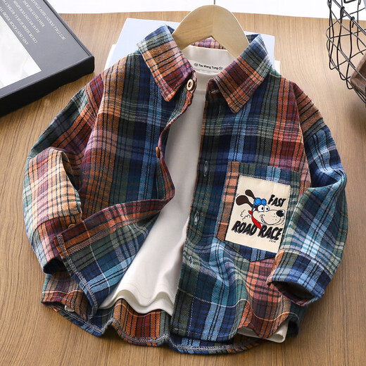 Korean style trendy boys' V-neck boys' long-sleeved casual plaid shirt tops Korean style spring and autumn cardigan p283 plaid shirt - white and green plaid size 110 recommended height 100-cm
