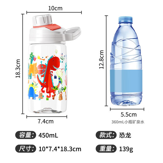 JEKO&JEKO Children's Water Cup Summer Direct Drinking Primary School Baby Plastic Cup Sports Water Cup Men's and Women's Water Bottle 450mL Dinosaur