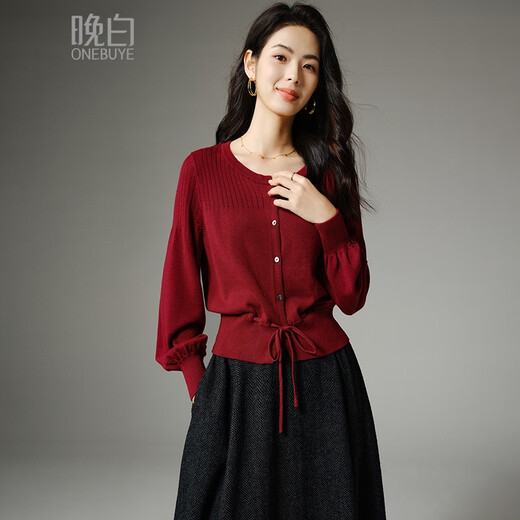 ONE BUYE Qiji Red New Year's Outfit Tops 2026 Spring This Year's Popular Design Lantern Sleeve Sweater Women's Red M