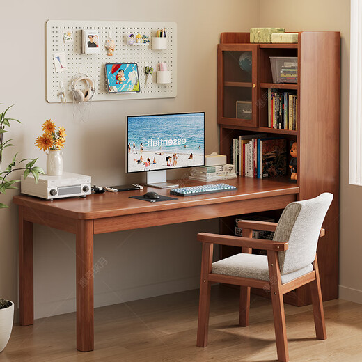 Huixun solid wood corner desk bookshelf combination with bookcase integrated computer desk small apartment study bedroom home desk walnut color #desk + bookshelf 100cm*60cm*182cm total length 124cm