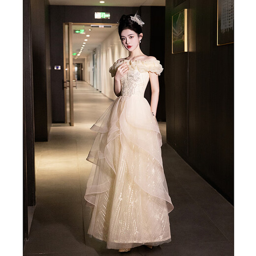 ACJK One Shoulder Evening Dress 2025 New High-end Light Luxury Niche Host Feeling Beautiful Adult Ceremony Art Test Champagne Color 2XL