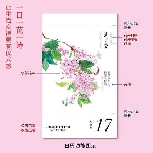 CCTV Online Flowers Bloom Calendar Free Greeting Cards 2026 Calendar National Style Watercolor Flower Illustrations Solar Terms Poetry Calendar Bingwu Year of the Horse Calendar Desk Calendar Page Flip Hand-Teared Desktop Ornaments Gifts 2026 New Year Gift ZC Flowers Bloom 2026 Calendar