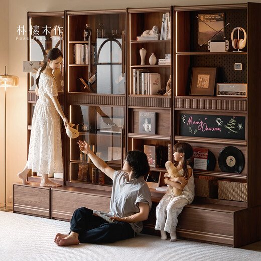 Pusu wood made full wall bookcases solid wood bookshelf black walnut display cabinet glass floor-standing combination bookcase storage storage cabinet Xingluo 90cm dust-proof glass cabinet丨January 2