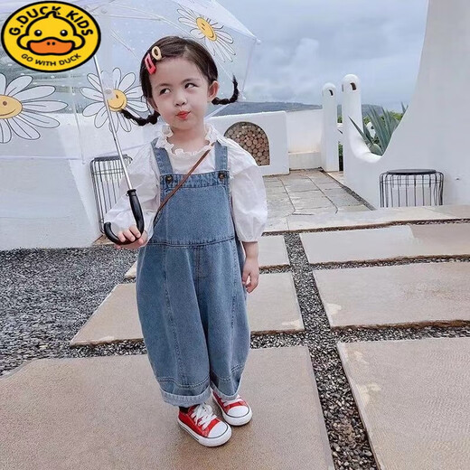 Детские комбинезоны G.duck, новинка 2024 года, весенне-осенние повседневные джинсы для девочек, детские свободные штаны, модные синие джинсовые комбинезоны в корейском стиле, 90 см