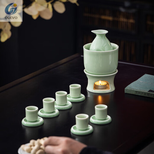 Olevo Longquan celadon ceramic wine set wine warmer candle candle wine dispenser white wine cup rice wine sake scalding wine 2025 Longquan celadon wine warmer + wine basin