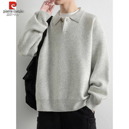 Pierre Cardin lazy style lapel thickened loose casual sweater men's winter old money style Henry collar sweater jacket knitted cloud yarn gray M Height 160-165cm Weight-120Jin Jin equals 0.5 kg