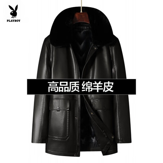 Playboy, middle-aged and elderly genuine leather jacket for men with velvet thickened large size men's mid-length parka coat for men sheepskin coat black [fox real hair collar] XL 180 [140-160Jin [Jin equals 0.5 kg] wear]
