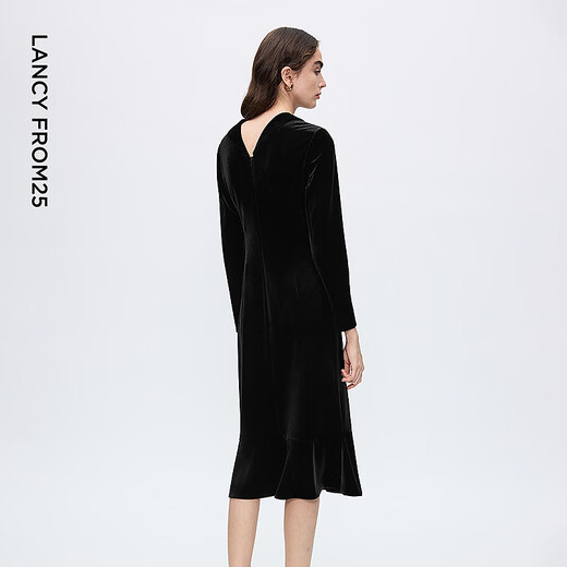 Langzi V-neck fishtail elegant velvet dress high-end workplace slim dress women 2025 winter new style black M