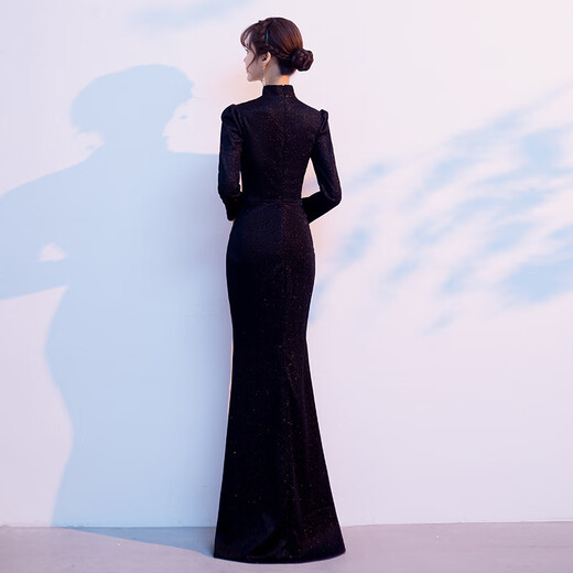 Wutuo black dress long skirt high-end cheongsam evening girl 2025 new temperament fishtail long version light luxury banquet host black S