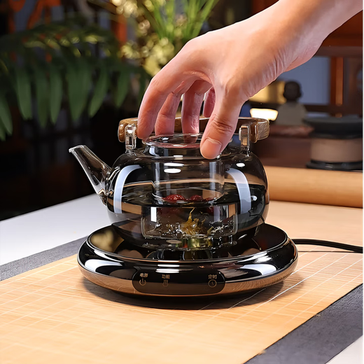 Full-degree heat-resistant glass cooking one-piece handlebar kettle, large-capacity tea-making kettle, high-end electric ceramic stove, teapot and stove for tea-making, wooden shadow teapot + drum rhyme electric ceramic stove black