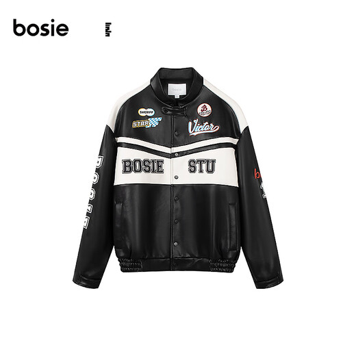 Bosie Boxi 2025 new autumn style letter contrast motorcycle pu leather jacket men's casual jacket jacket black and white M