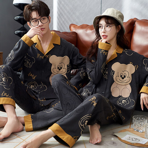 Yalu Couple Pajamas Spring and Autumn Long Sleeve Pure Cotton Men and Women Casual Cute Cartoon Spring Autumn and Winter New Home Clothing Set A17805# XL Men's Single Set