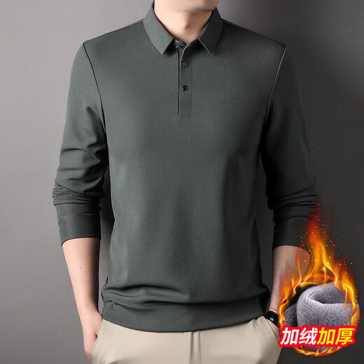 Romon long-sleeved T-shirt waffle polo shirt men's Henry collar pullover 2025 autumn and winter new top gray green/velvet 2XL (recommended 150-170Jin Jin equals 0.5 kg)