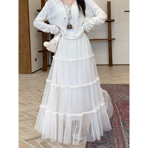 Black mesh skirt for women 2025 autumn new thickened front and back high waist a-line skirt autumn and winter pleated skirt long skirt black one size fits all lined