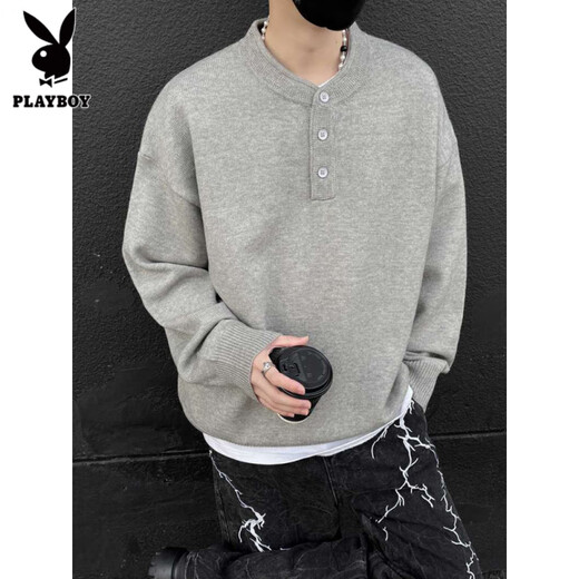 Playboy (PLAYBOY) Gray American Henley Collar Sweater Men's Early Autumn Feeling Lazy Style Bottoming Sweater Cleanfit Inside Light Gray Upgraded Model M (95-115Jin Jin is equal to 0.5kg)