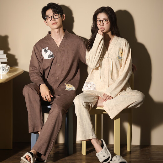 LangSha pure cotton pajamas couple wear for one man and one woman spring and autumn casual cartoon monk collar 100% cotton can be worn outside home clothes 8077 couple L female + 2XL male