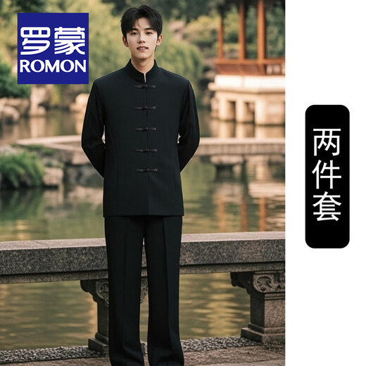 ROMON New Chinese style Chinese tunic suit men's national style button-down stand-up suit suit groom wedding wedding suit national fashion jacket black jacket + pants XS