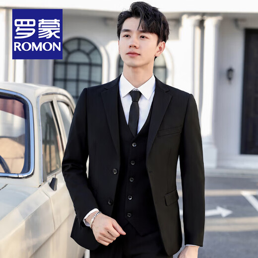 ROMON high-end customized suit suit men's slim coat groom wedding dress business formal casual small suit for men black two-button suit + pants + shirt + vest + gifts XL