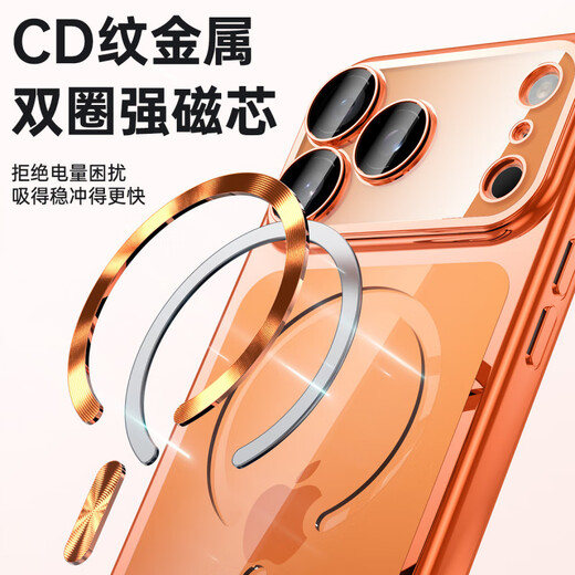Jiadu suitable for iPhone17ProMax electroplated transparent magnetic phone case Apple 17Pro integrated protective cover with dustproof plug Orange (integrated dustproof plug) comes with lens film iPhone17