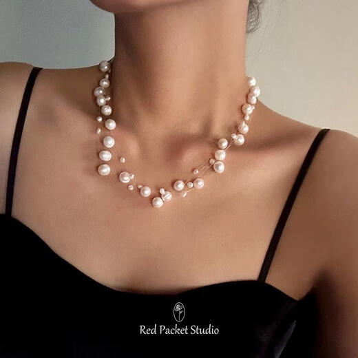Red Pocket French Antique Natural Freshwater Pearl Necklace with Multi-layered Side-by-side Gypsophila Clavicle Galaxy Fantasy Necklace with Side-by-side Wrapped Style