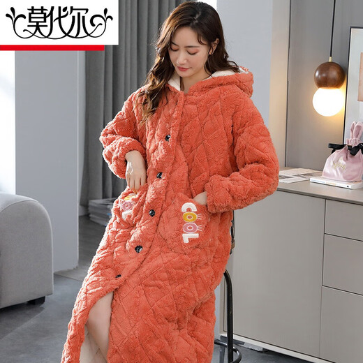 Camisón modal de felpa para mujeres en el terciopelo de coral de invierno en el terciopelo de coral espesado y alargado de algodón de algodón suplicado para mujeres con bata de baño con capucha calientes 9871# Botón Botte 2xl 140-160Jin [Jin equivale a 0.5 kg]