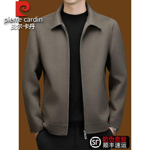 Pierre Cardin high-end brand double-sided woolen jacket for men 2025 autumn and winter new thickened 100% sheep wool warm lapel jacket gray brown XL 180 size 140-160Jin Jin equals 0.5 kg