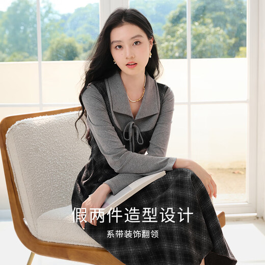 香影复古格子假两件连衣裙女2025秋季新款收腰拼接学院风中长裙子 深灰 S 155/80A/85-95斤
