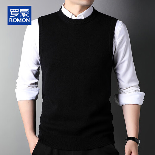 ROMON 100% pure wool sweater men's thick vest round neck autumn and winter casual vest sleeveless waistcoat sweater for middle-aged and young people