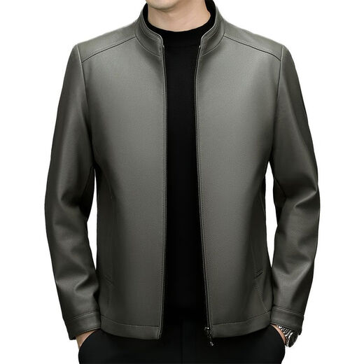 Lilang Autumn and Winter Men's Leather Jacket Fashionable Brand Stand Collar Dad Casual Jacket Simple Handsome Leather Jacket Men's Thin Black M 170