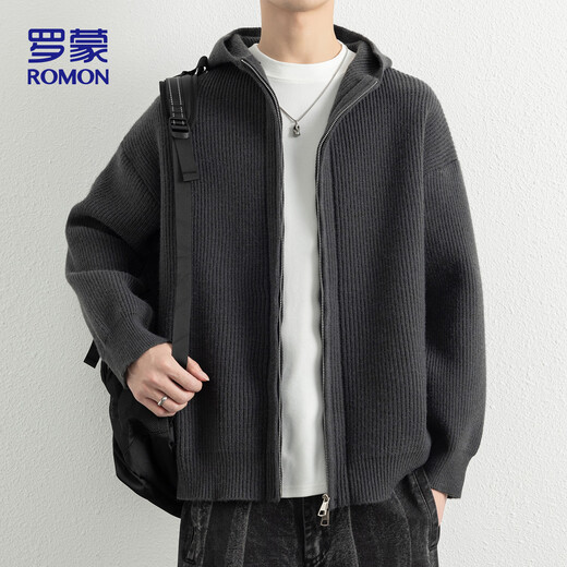 ROMON Knitted Sweater Cardigan Autumn Trendy Hooded Men's Jacket Loose Casual Warm Wool Clothes ST26 Black Gray XL