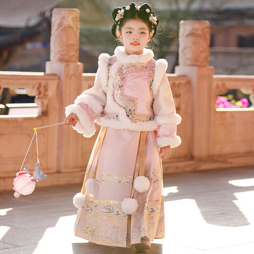 Anneyol Girls' Hanfu Winter Costume Children's Winter Clothes National Style Thickened Cheongsam Skirt New Year's Eve Clothes Pink 120
