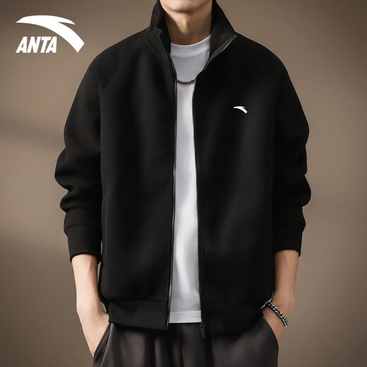 ANTA Sports Jacket Men's Autumn and Winter Cardigan Stand Collar Jacket Sweatshirt Long Sleeve Zipper Top 7706-1 Basic Black Regular Style L (175)