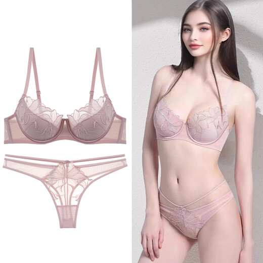 Victoria Palace Sexy Bra Thin Lace Textured Embroidery Large Breasts Show Small Anti-Sagging Push-up Push-Up Underwear T-Pants Set Pink 75B /34