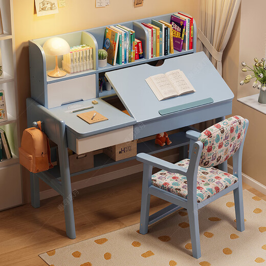 Huixun Children's Study Table Primary and Secondary School Solid Wood Desk with Bookshelf Children's Liftable Home Desk and Chair Set Walnut Color #Desk + Bookshelf 100cm*60cm*75cm Total Height 112cm