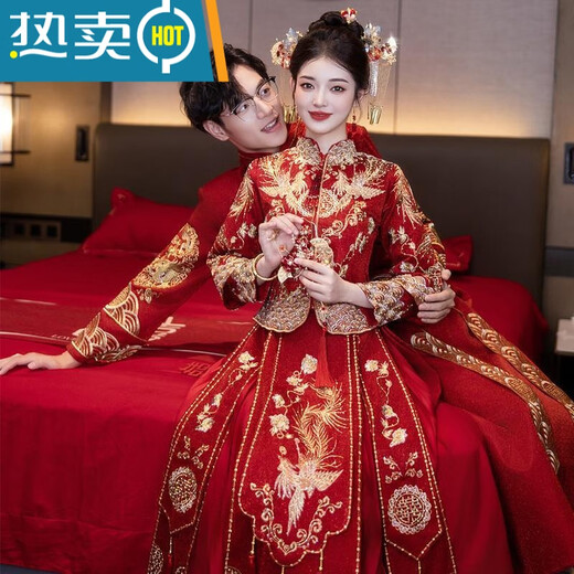 Shantoulin Village Wedding Dress, Phoenix Crown, Red Charm, Couple Xiuhe Clothing 2025 Bride Wedding Toast Clothing Small Wedding Dress Chinese Wedding Clothing Fenglaiyi Pleated Diamond No Jewelry M Recommended 120-140Jin[Jin equals 0.5 kg]
