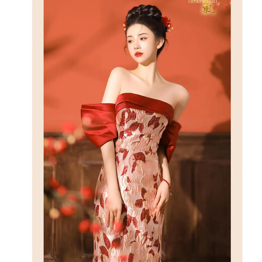 Fu Ling New Chinese Dressing Robe Bridal Luxurious Photography Chinese Engagement Toast Wear One Shoulder Fishtail Wedding Back Door Wear Banquet Burgundy M