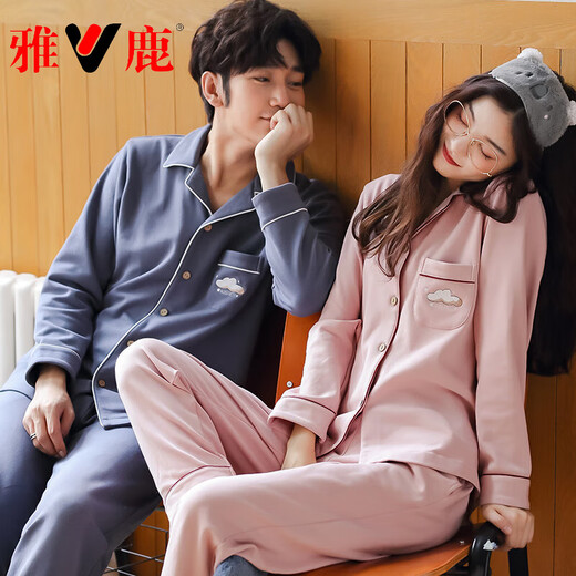 Yalu Couple Pajamas Spring and Autumn Long Sleeve Pure Cotton Men and Women Casual Cute Cartoon Spring Autumn and Winter New Home Clothing Set A17805# XL Men's Single Set
