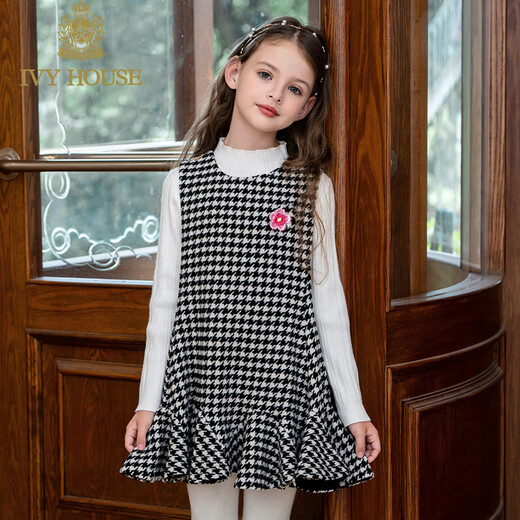 IVY HOUSE children's clothing for girls and older children winter new style houndstooth pattern vest dress princess skirt dress wool skirt black 150