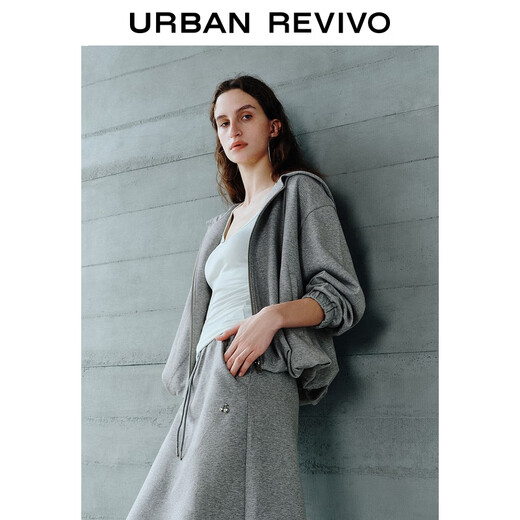 
UR2025 autumn new women's clothing simple casual hooded drawstring zipper jacket UWH150051 flower gray M