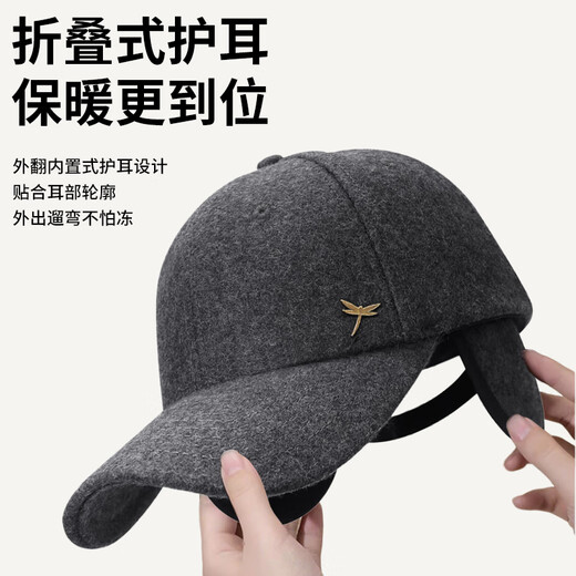Red Dragonfly hat for middle-aged and elderly men, winter velvet thickened wool peaked cap for dad, grandpa and the elderly, ear protection baseball cap, wool blended ear protection style - black box, one size fits all, hat girth (56-60CM)