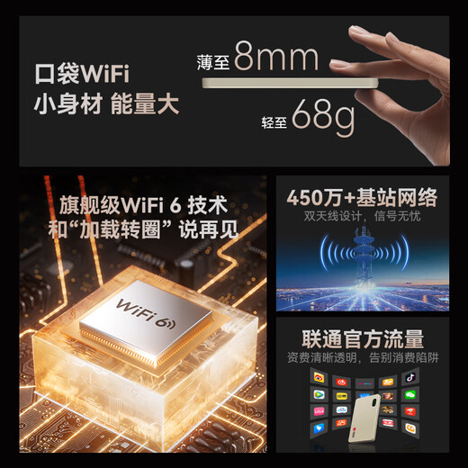 Produziert von China Unicom, China Unicom Mobile Portable WiFi 6 Wireless-Netzwerkkarte 4G-Router Car Wi-Fi 2025 National Universal Traffic Unterstützt 5G/4G-Geräte-Internetzugang Dünnes und leichtes Gehäuse + hervorragende Leistung Desert Gold