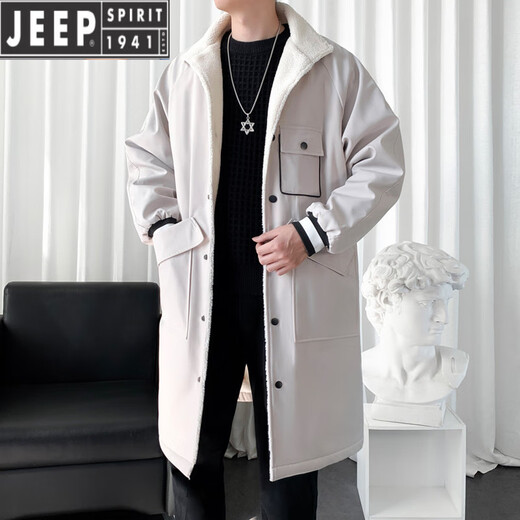 JEEP SPIRIT windbreaker jacket men's mid-length spring and autumn work coat 2025 new long style high-end casual large size men's trendy off-white plus velvet 2XL