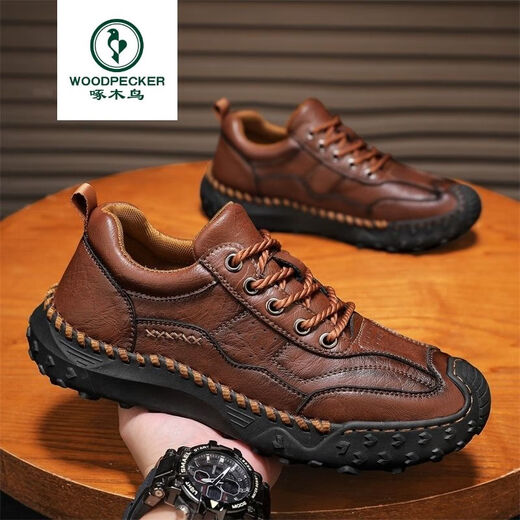 
Woodpecker high-end new style new handmade soft sole men's shoes spring casual shoes men's leather shoes flat large size loafers 9893 light brown 38