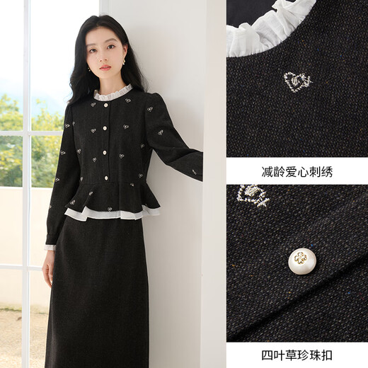 
Xiangying Xiaoxiangfeng fake two-piece dress for women 2025 autumn new ruffle spliced ​​long-sleeved gold-sleeved skirt dark gray L