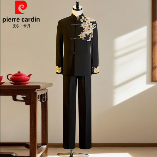 Pierre Cardin New Chinese Style Xiuhe Suit Groom Mao Suit Wedding Suit Tang Suit Blazer Men's Engagement Black Toast Suit Dragon Pattern Top + Pants M Contact Customer Service for Size