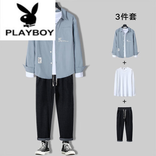 Playboy (Playboy) Мужская повседневная рубашка с длинным рукавом мужская набор весна и осенняя модная мужская одежда Полный комплект со зрелой модной одеждой 679 синяя рубашка + длинная белая T + 71 синие джинсы xl