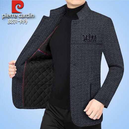 Pierre Cardin high-end woolen jacket men's autumn and winter velvet thickened middle-aged dad casual men's woolen tunic suit black gray N7315 cotton XL 180- 135-150Jin Jin equals 0.5 kg