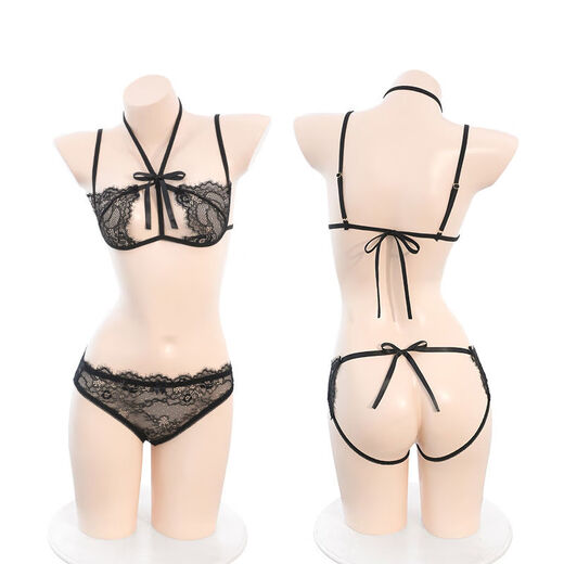 Three-point sexy lingerie, sexy bra, thong panties, sm cannon jacket, emotional couple pajamas, black halterneck bra, crotchless panties