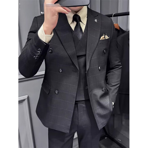 CEO Yageor 2025 Spring Plaid Bräutigamanzug Britischer Stil Doppelbruster Anzug Herrengeschäft Casual Grey Anzug + Weste + Hose Schwarzer Hemdkragen 5xl 60